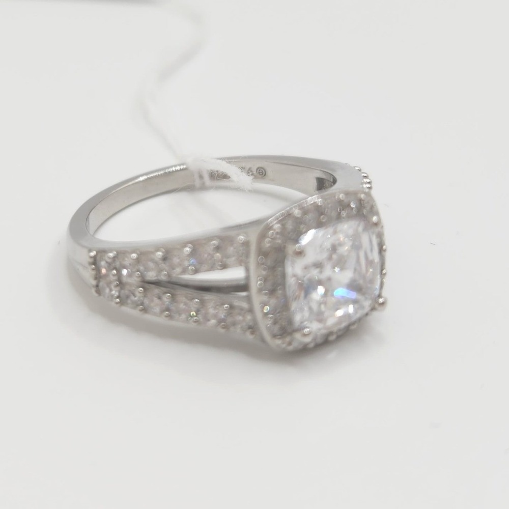 925 Sterling Silver Princess Cut CZ Halo Split Shank Ring Size 8 Art Deco Style